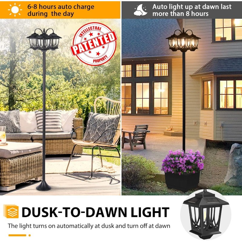 3-Head Solar Lamp Post Light with Planter, 73" Solar Lights Outdoor Waterproof, 60Lm 3000K Pathway Lights for Garden, Lawn, Yard