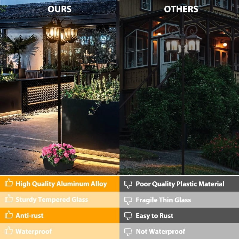 3-Head Solar Lamp Post Light with Planter, 73" Solar Lights Outdoor Waterproof, 60Lm 3000K Pathway Lights for Garden, Lawn, Yard