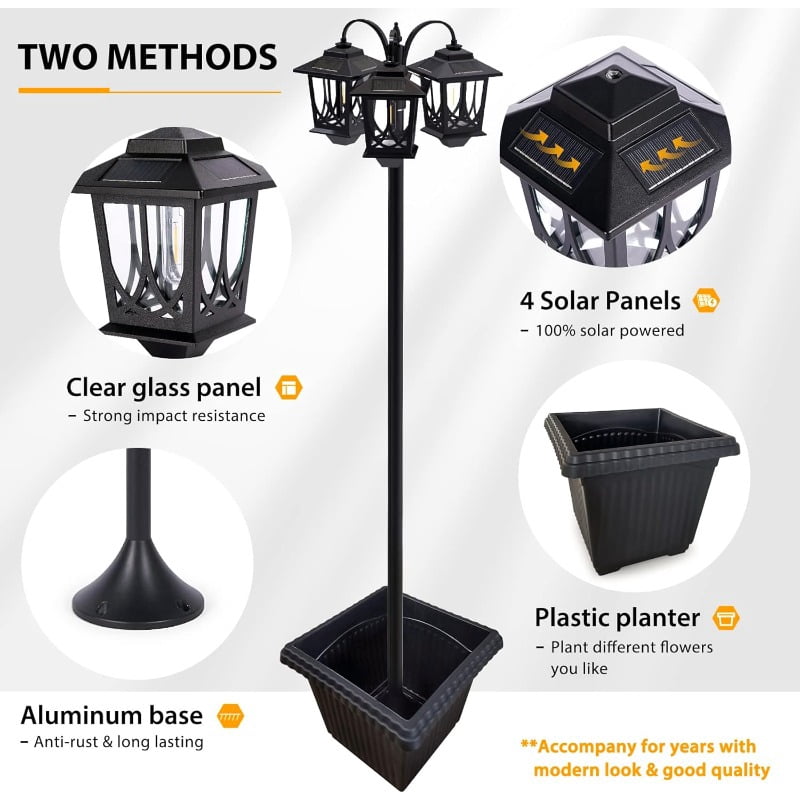 3-Head Solar Lamp Post Light with Planter, 73" Solar Lights Outdoor Waterproof, 60Lm 3000K Pathway Lights for Garden, Lawn, Yard