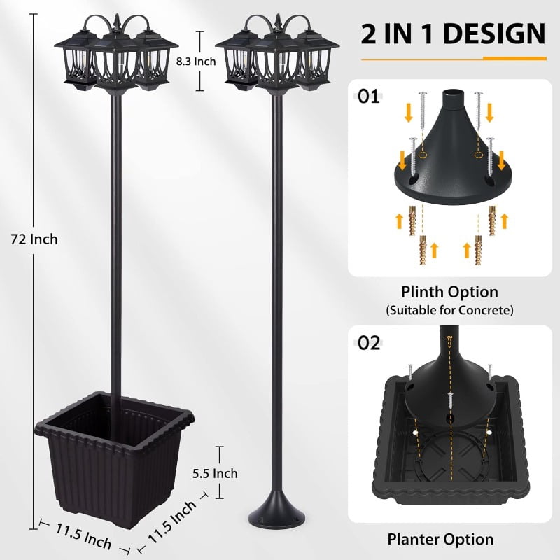3-Head Solar Lamp Post Light with Planter, 73" Solar Lights Outdoor Waterproof, 60Lm 3000K Pathway Lights for Garden, Lawn, Yard