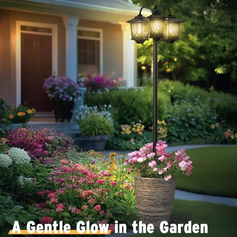 3-Head Solar Lamp Post Light with Planter, 73" Solar Lights Outdoor Waterproof, 60Lm 3000K Pathway Lights for Garden, Lawn, Yard