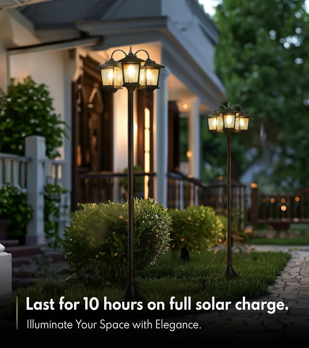Hoodink 3-Head Solar Lamp Post Light, 73" Solar Lights Outdoor Waterproof, 60Lm 3000K Pathway Lights for Garden, Lawn, Yard