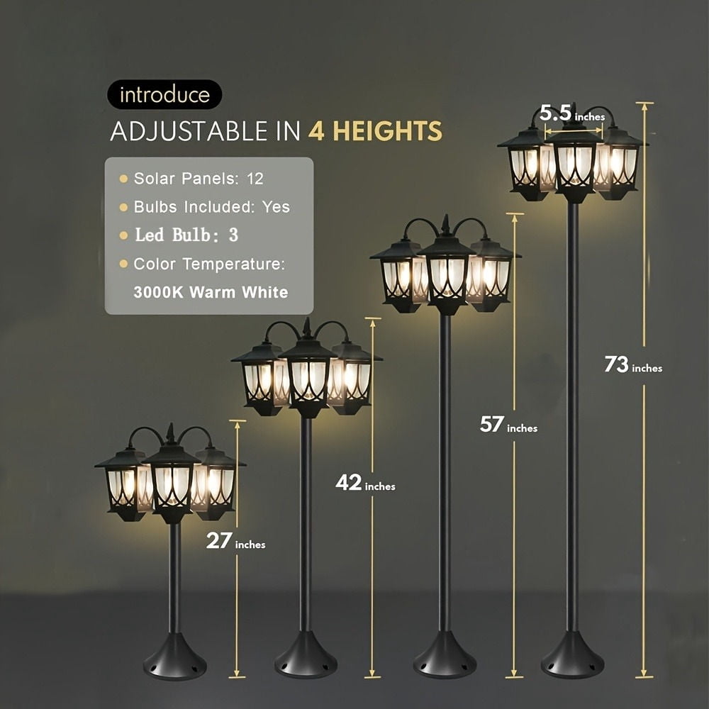 Hoodink 3-Head Solar Lamp Post Light, 73" Solar Lights Outdoor Waterproof, 60Lm 3000K Pathway Lights for Garden, Lawn, Yard