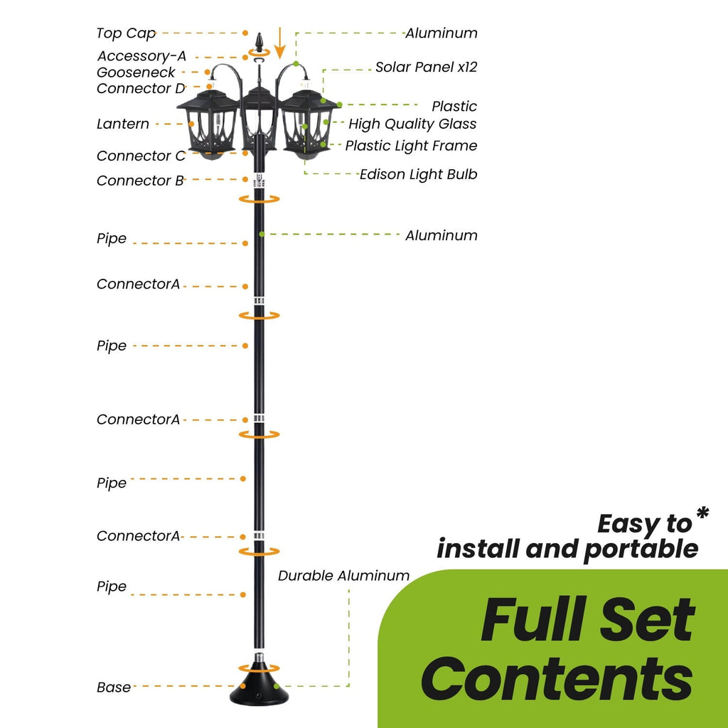 Hoodink 3-Head Solar Lamp Post Light, 73" Solar Lights Outdoor Waterproof, 60Lm 3000K Pathway Lights for Garden, Lawn, Yard