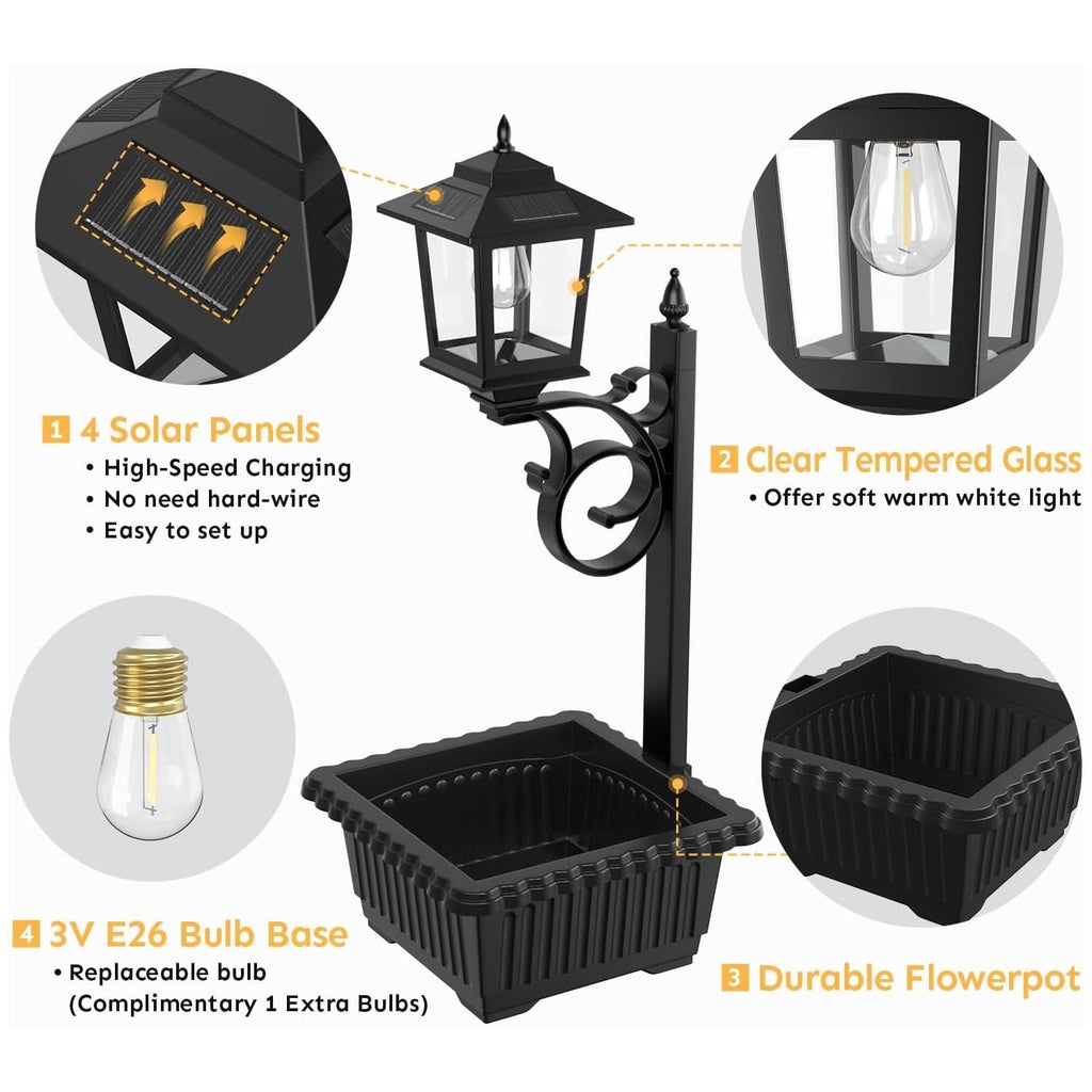 HOODINK 2 Pack Solar Lamp Post Light with Planter, 2 in 1 Outdoor Flower Pots, 3000K Solar Lamps Outdoor IP54 Waterproof, Wall Mount or Freestanding for Garden, Patio, Yard, Front Porch(Flowers not Included)