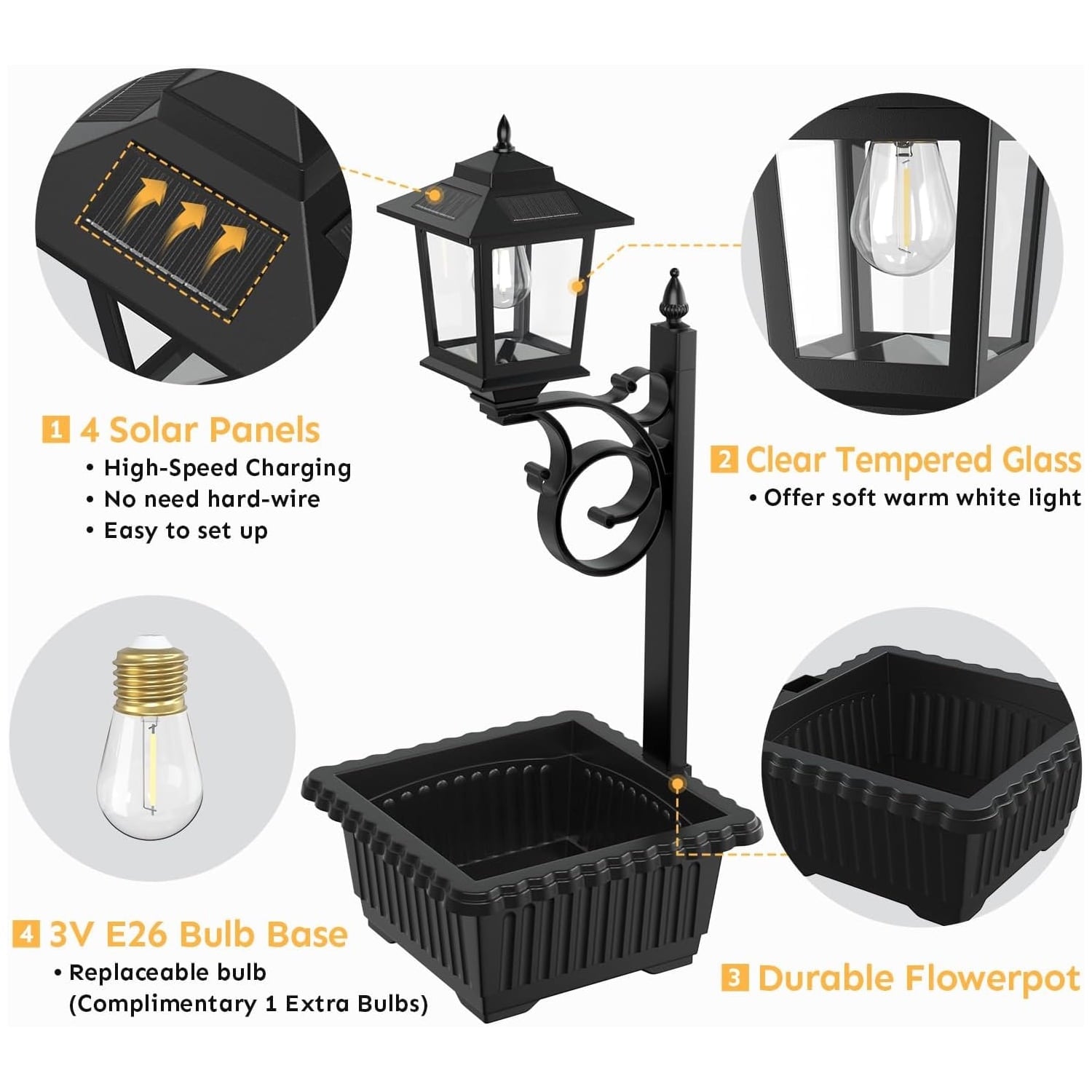HOODINK 2 Pack Solar Lamp Post Light with Planter, 2 in 1 Outdoor Flower Pots, 3000K Solar Lamps Outdoor IP54 Waterproof, Wall Mount or Freestanding for Garden, Patio, Yard, Front Porch(Flowers not Included)