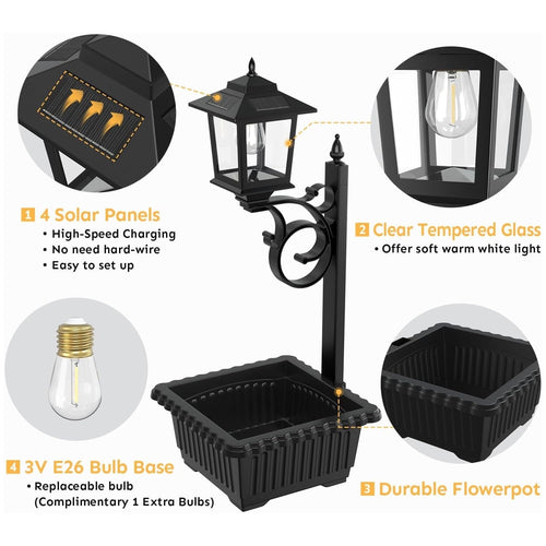 HOODINK 2 Pack Solar Lamp Post Light with Planter, 2 in 1 Outdoor Flower Pots, 3000K Solar Lamps Outdoor IP54 Waterproof, Wall Mount or Freestanding for Garden, Patio, Yard, Front Porch(Flowers not Included)