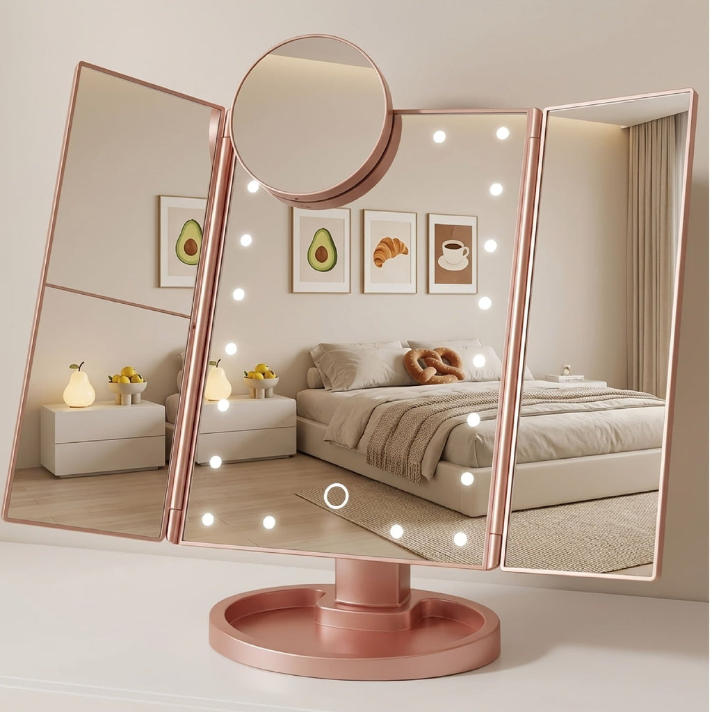 HOODINK Makeup Mirror, Portable Vanity Mirror with Light & Touch Control, Dual Power Supply, Rose Gold