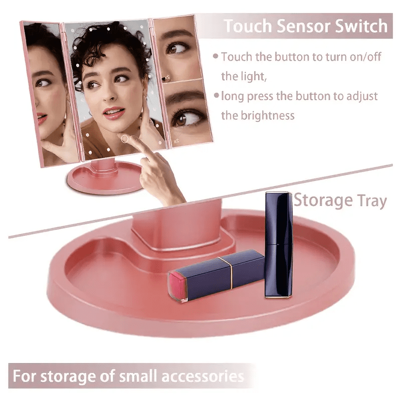 HOODINK Makeup Mirror, Portable Vanity Mirror with Light & Touch Control, Dual Power Supply, Rose Gold