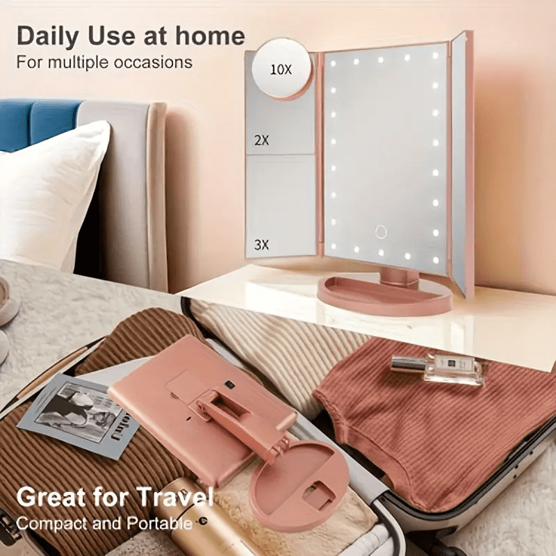 HOODINK Makeup Mirror, Portable Vanity Mirror with Light & Touch Control, Dual Power Supply, Rose Gold