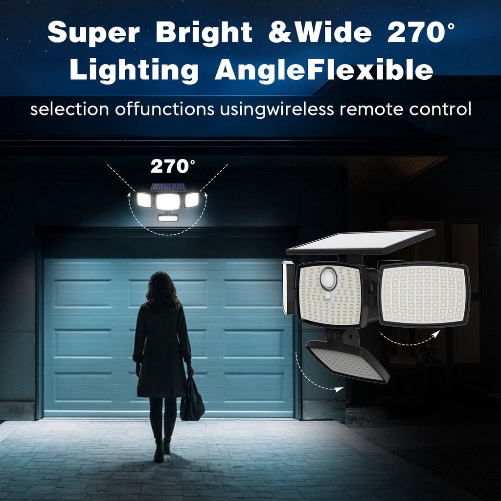 Hoodink Solar Outdoor Lights 4500LM 306LED Motion Sensor Security Light, 4 Heads, IP65 Waterproof, 270° Wide Angle, 3 Modes, Remote Control for Yard/Backyard