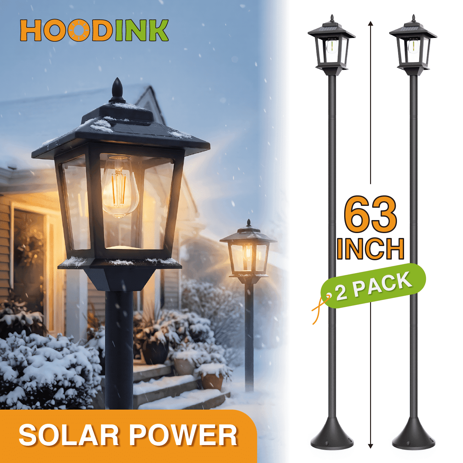 Outdoor Solar Post Lights, 2-Pack 63" Dusk to Dawn Solar Lamp Posts, Waterproof Floor Lamps, Warm White Pole Lights for Patio with Replaceable Bulb