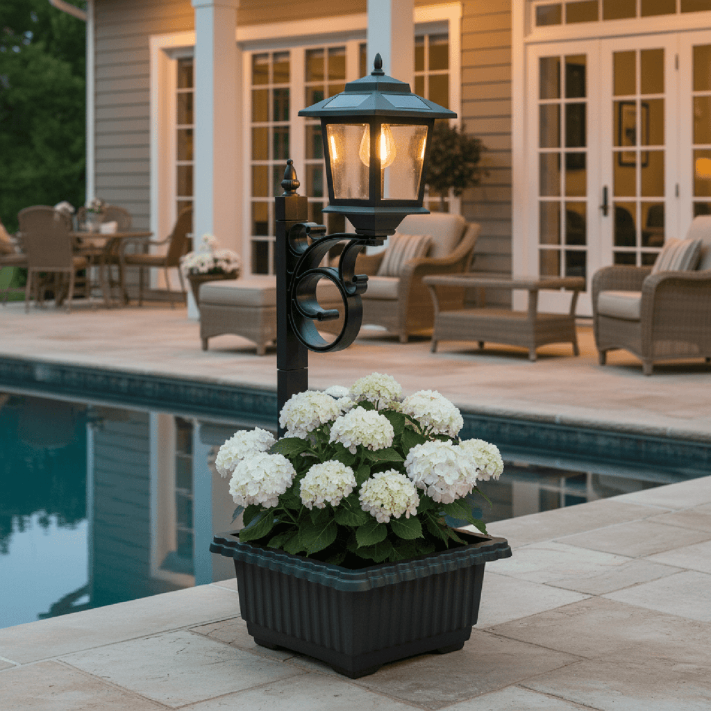 HOODINK 2 in 1 Solar Lamp Post Light with Planter, Solar Lamp Post Lights - Wall Mount or Freestanding, Waterproof Decorative Lamp for Lawn, Patio, Front/Back Door