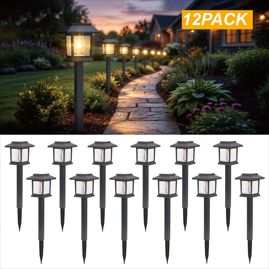 Hoodink Solar Lights Outdoor, 12 Pack 3000K Waterproof Auto On/Off Solar Pathway Lights for Your Garden, Landscape, Path, Yard, Patio, Driveway,Walkway Decor, Black
