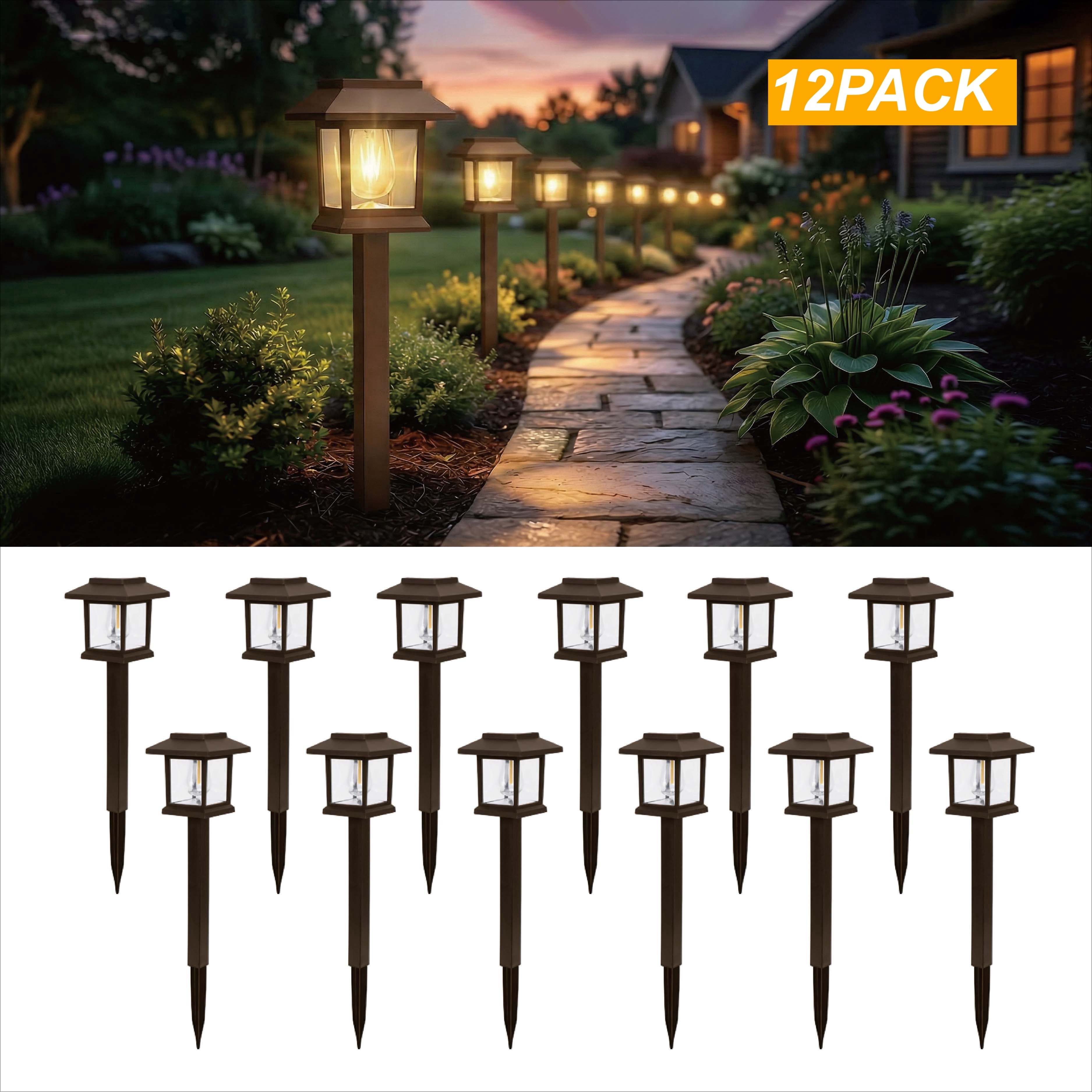 Hoodink Solar Lights Outdoor, 12 Pack 3000K Waterproof Auto On/Off Solar Pathway Lights for Your Garden, Landscape, Path, Yard, Patio, Driveway,Walkway Decor, Brown