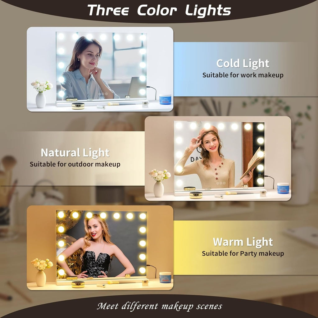 Hoodink 23x18 Inch Hollywood Vanity Mirror with Lights,15 Dimmable LED Bulbs,3 Color Modes,Aluminum Frame Makeup Mirror with USB Charging Port