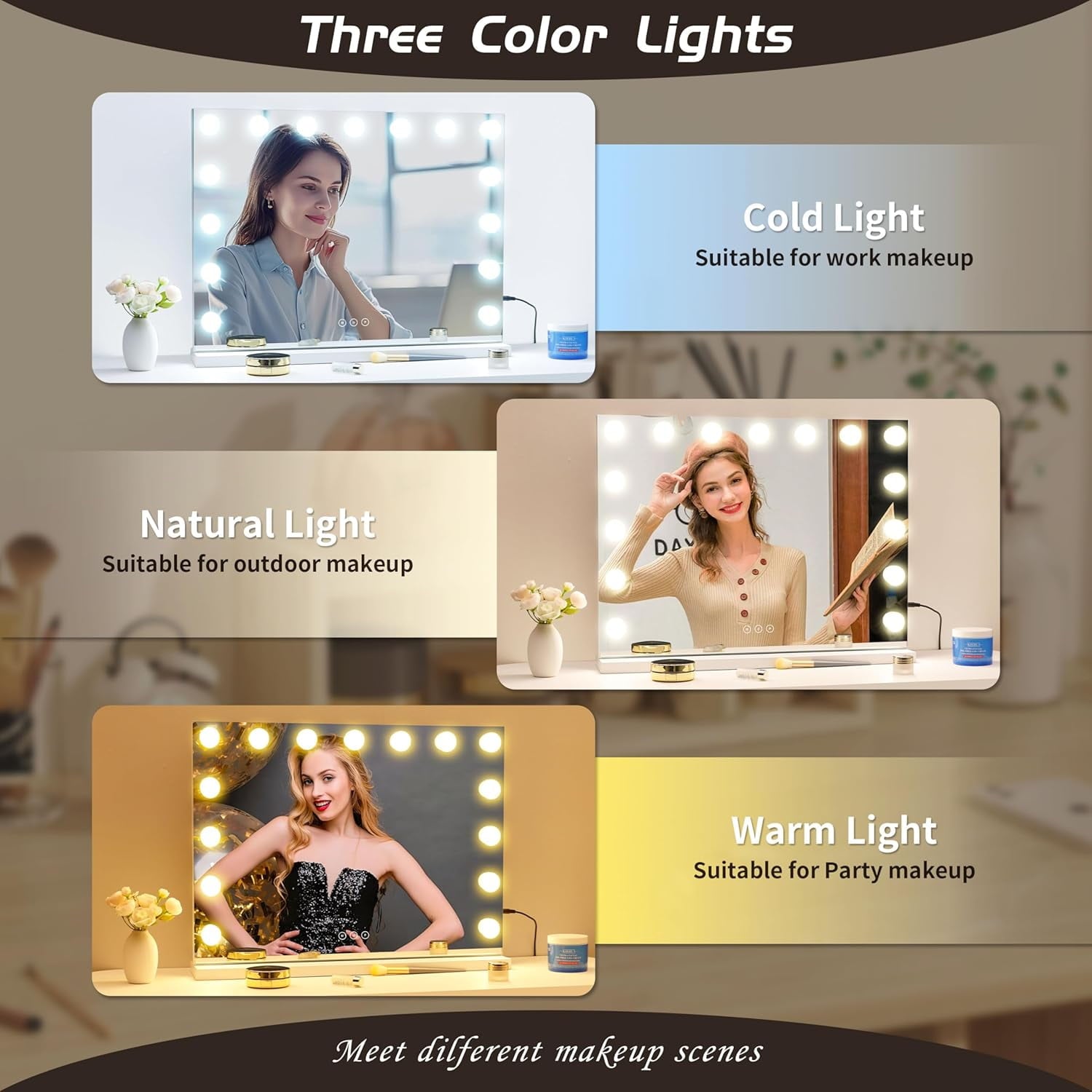 Hoodink 23x18 Inch Hollywood Vanity Mirror with Lights,15 Dimmable LED Bulbs,3 Color Modes,Aluminum Frame Makeup Mirror with USB Charging Port