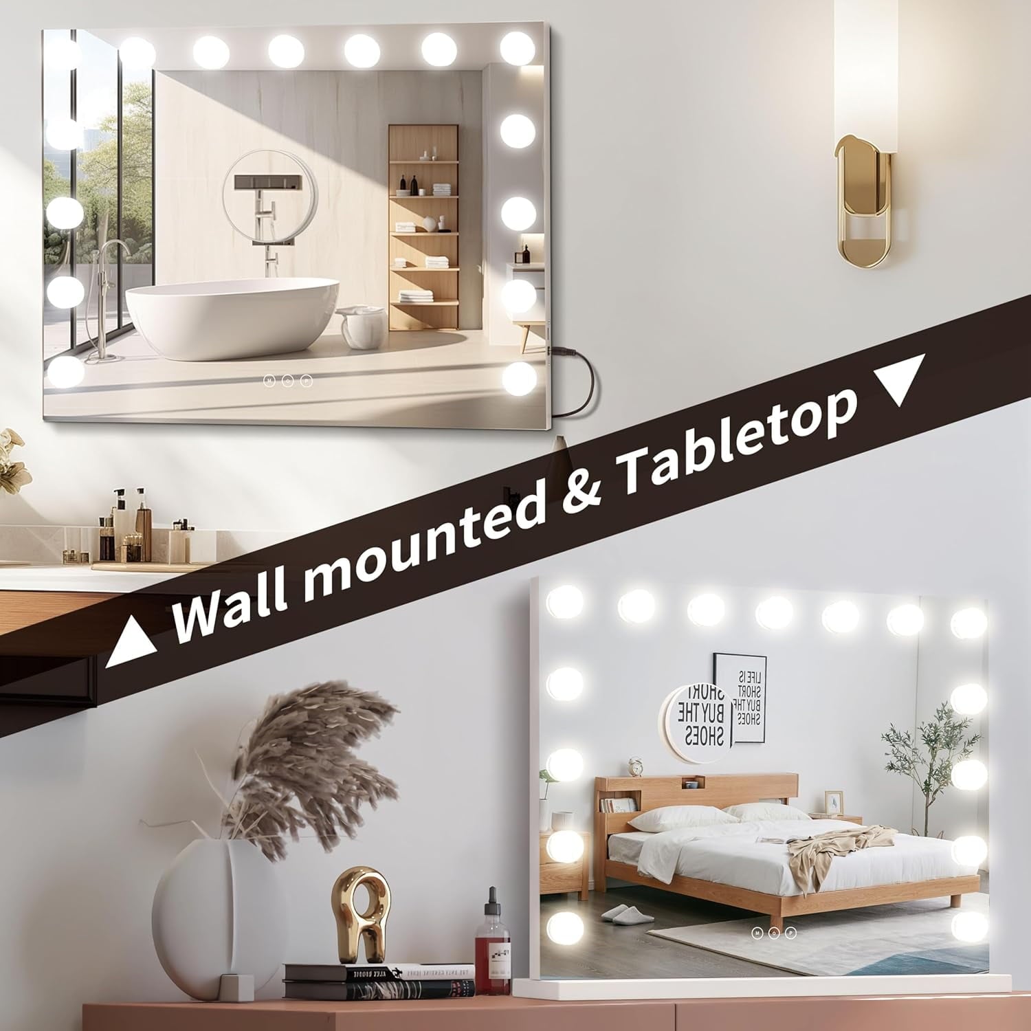Hoodink 23x18 Inch Hollywood Vanity Mirror with Lights,15 Dimmable LED Bulbs,3 Color Modes,Aluminum Frame Makeup Mirror with USB Charging Port