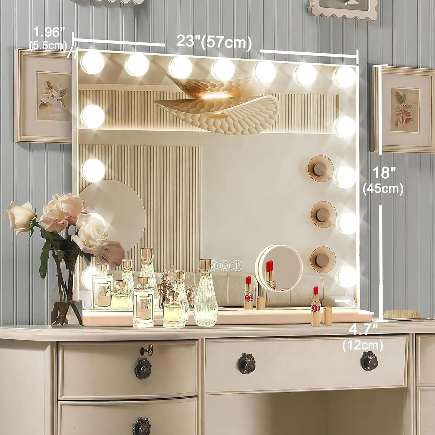 Hoodink 23x18 Inch Hollywood Vanity Mirror with Lights,15 Dimmable LED Bulbs,3 Color Modes,Aluminum Frame Makeup Mirror with USB Charging Port