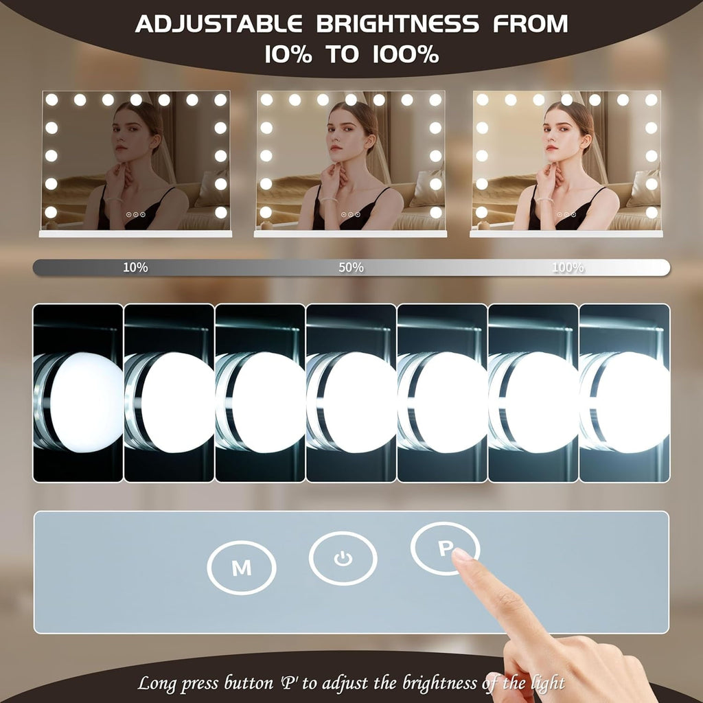 Hoodink 23x18 Inch Hollywood Vanity Mirror with Lights,15 Dimmable LED Bulbs,3 Color Modes,Aluminum Frame Makeup Mirror with USB Charging Port