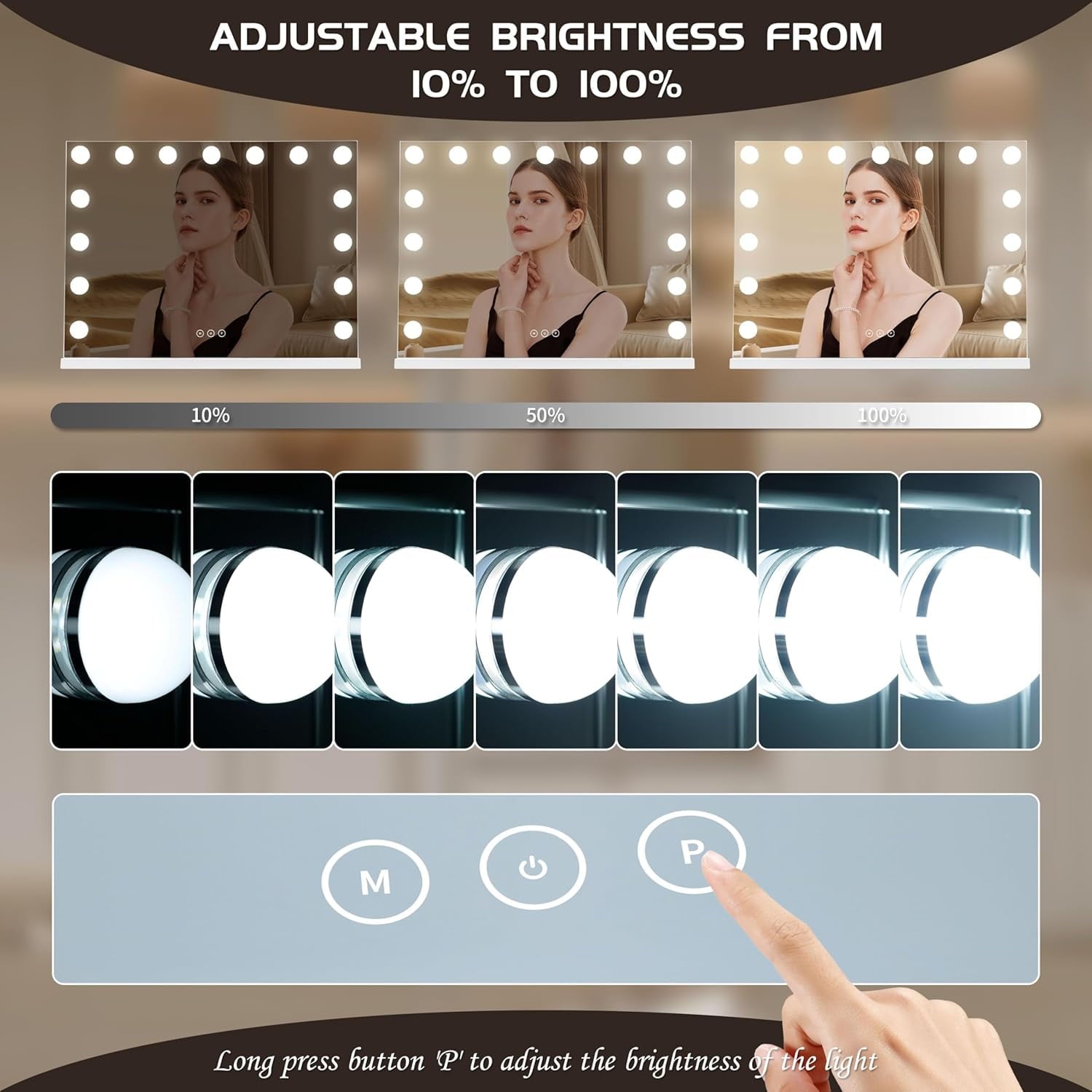 Hoodink 23x18 Inch Hollywood Vanity Mirror with Lights,15 Dimmable LED Bulbs,3 Color Modes,Aluminum Frame Makeup Mirror with USB Charging Port