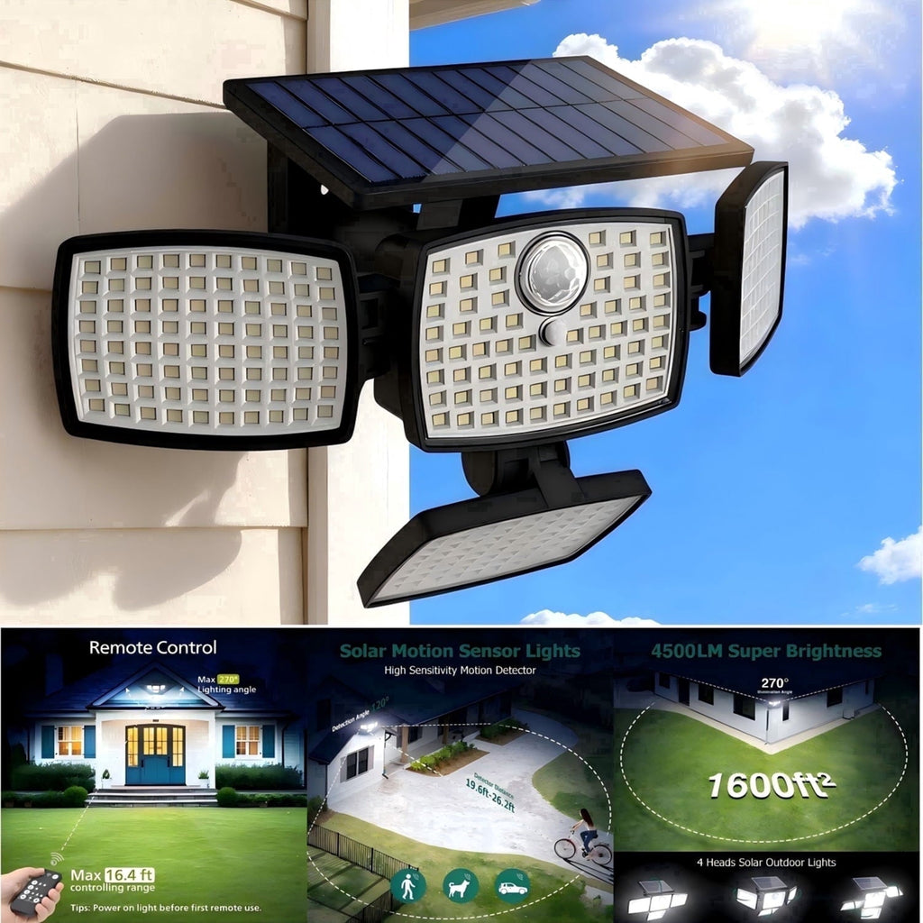 Hoodink Solar Outdoor Lights 4500LM 306LED Motion Sensor Security Light, 4 Heads, IP65 Waterproof, 270° Wide Angle, 3 Modes, Remote Control for Yard/Backyard