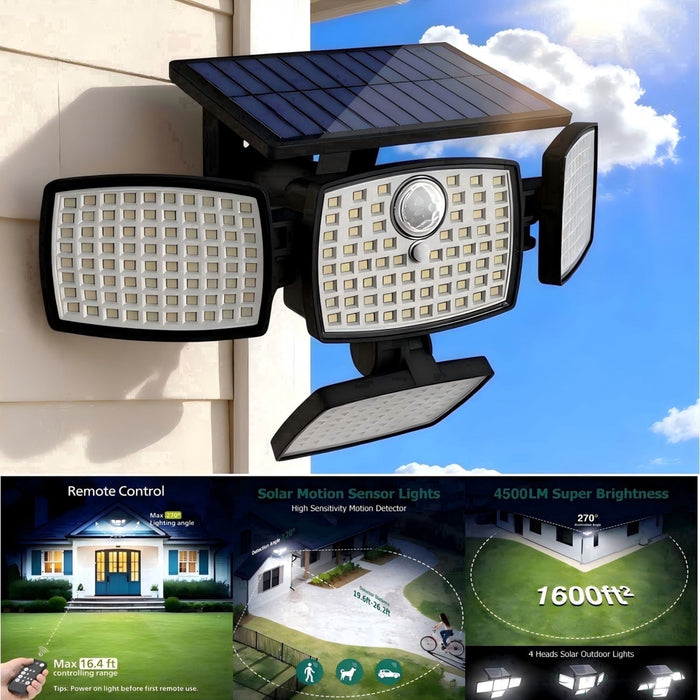 Hoodink Solar Outdoor Lights 4500LM 306LED Motion Sensor Security Light, 4 Heads, IP65 Waterproof, 270° Wide Angle, 3 Modes, Remote Control for Yard/Backyard