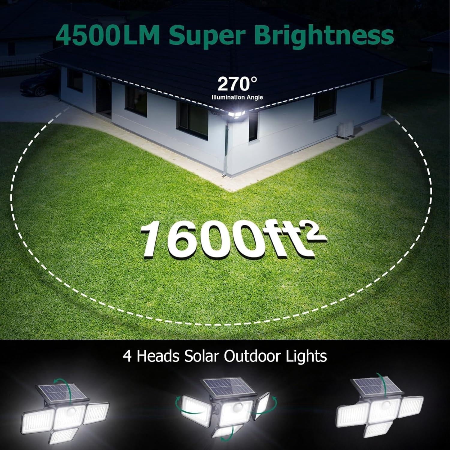 Hoodink Solar Outdoor Lights 4500LM 306LED Motion Sensor Security Light, 4 Heads, IP65 Waterproof, 270° Wide Angle, 3 Modes, Remote Control for Yard/Backyard