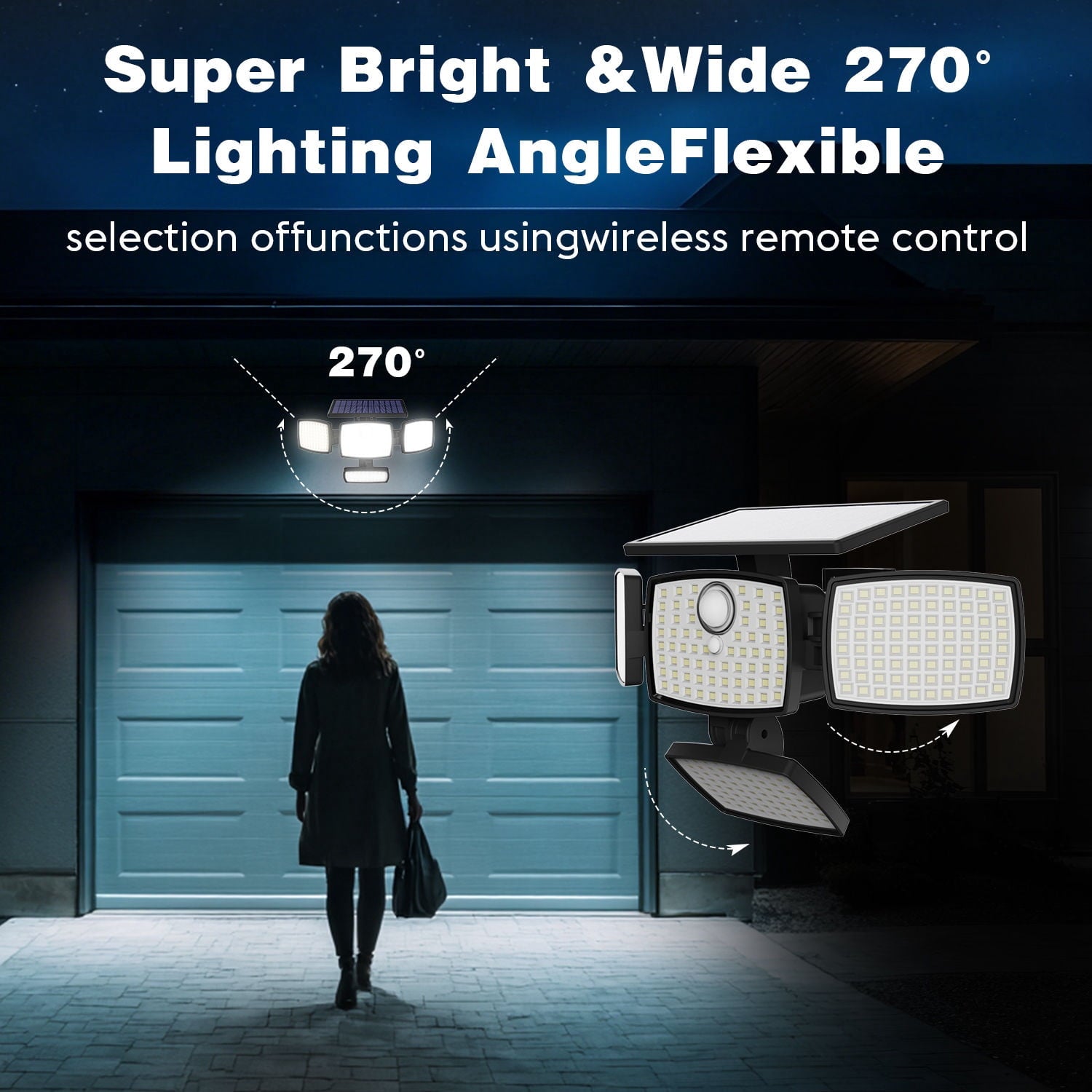 Hoodink 4500LM 306LED Solar Outdoor Security Light, Motion Sensor, 4 Heads, 270° Wide Angle, 3 Modes, IP65 Waterproof, Remote Control for Yard/Backyard
