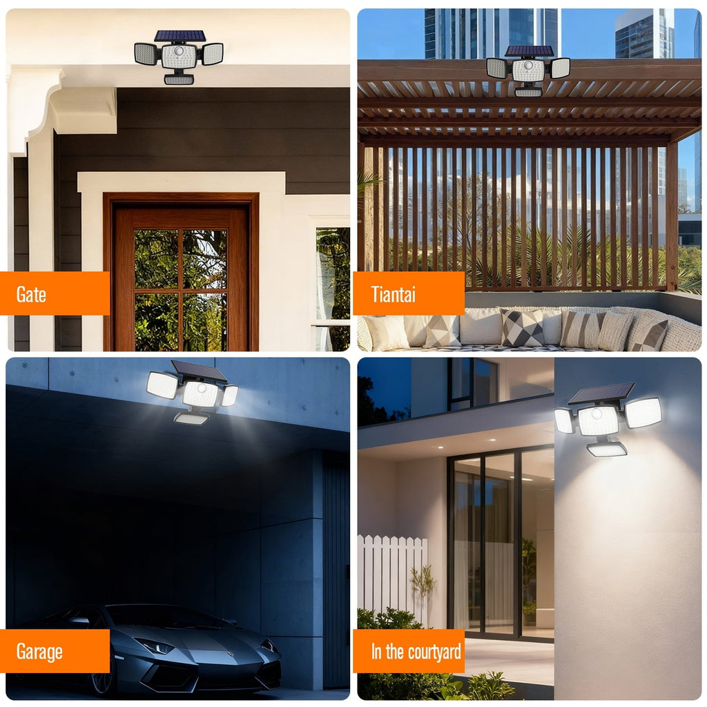 Hoodink 4500LM 306LED Solar Outdoor Security Light, Motion Sensor, 4 Heads, 270° Wide Angle, 3 Modes, IP65 Waterproof, Remote Control for Yard/Backyard