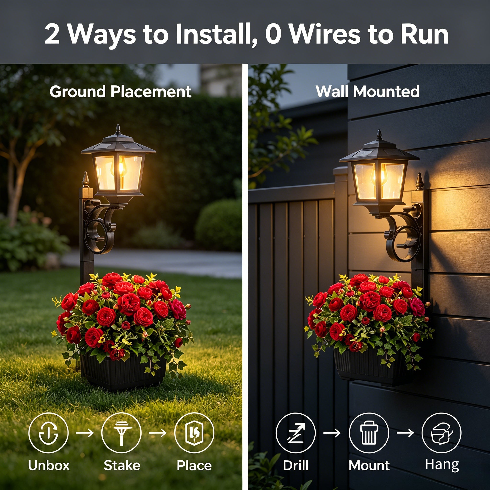 HOODINK 2 Pack Solar Lamp Post Light with Planter, 2 in 1 Outdoor Flower Pots, 3000K Solar Lamps Outdoor IP54 Waterproof, Wall Mount or Freestanding for Garden, Patio, Yard, Front Porch(Flowers not Included)