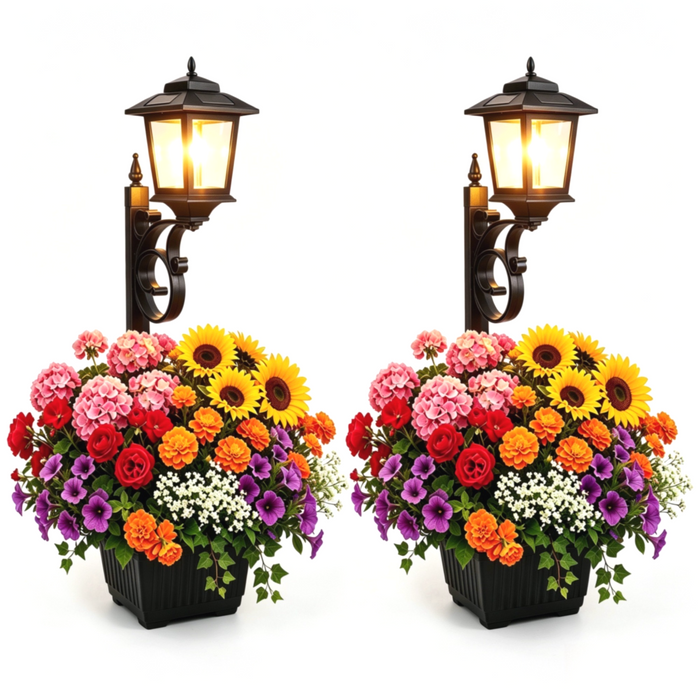 HOODINK 2 Pack Solar Lamp Post Light with Planter, 2 in 1 Outdoor Flower Pots, 3000K Solar Lamps Outdoor IP54 Waterproof, Wall Mount or Freestanding for Garden, Patio, Yard, Front Porch(Flowers not Included)
