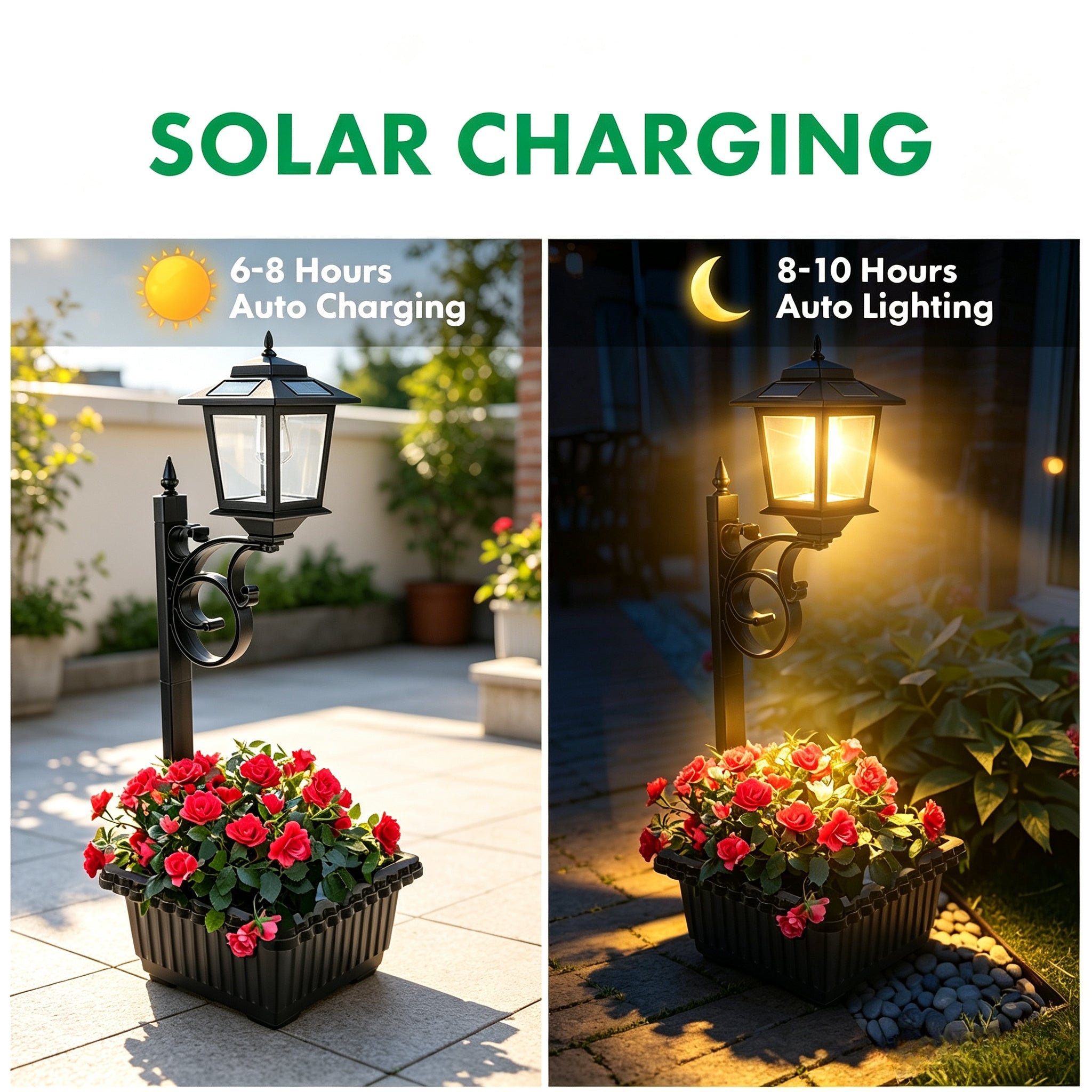 HOODINK 2 Pack Solar Lamp Post Light with Planter, 2 in 1 Outdoor Flower Pots, 3000K Solar Lamps Outdoor IP54 Waterproof, Wall Mount or Freestanding for Garden, Patio, Yard, Front Porch(Flowers not Included)