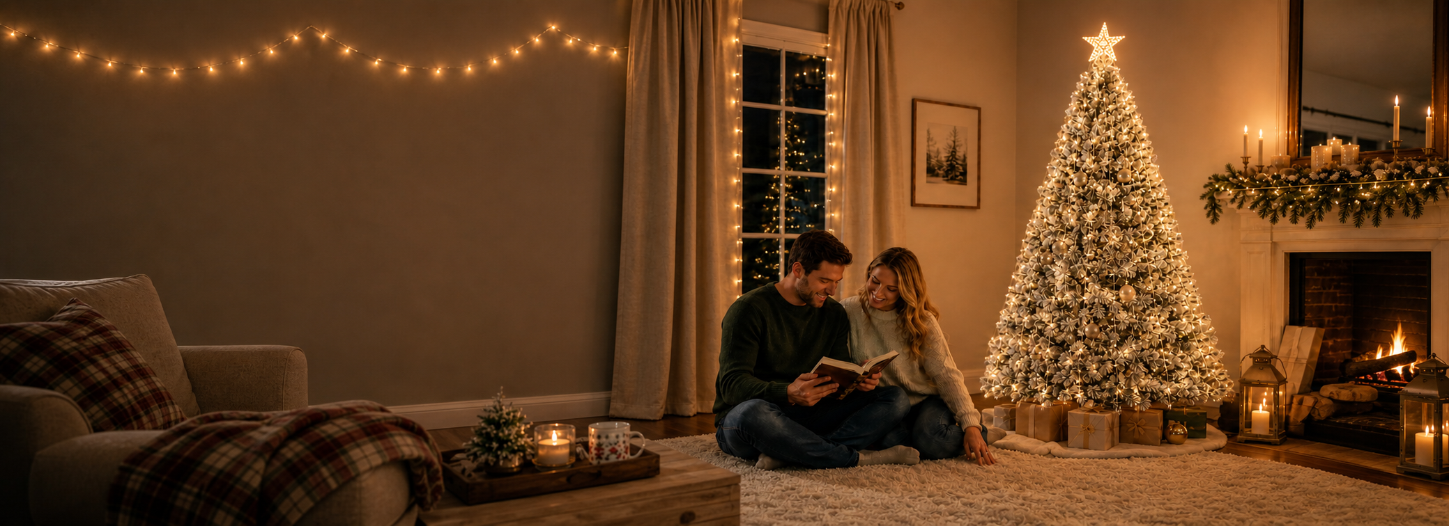 Warm Christmas tree lighting in a cozy home