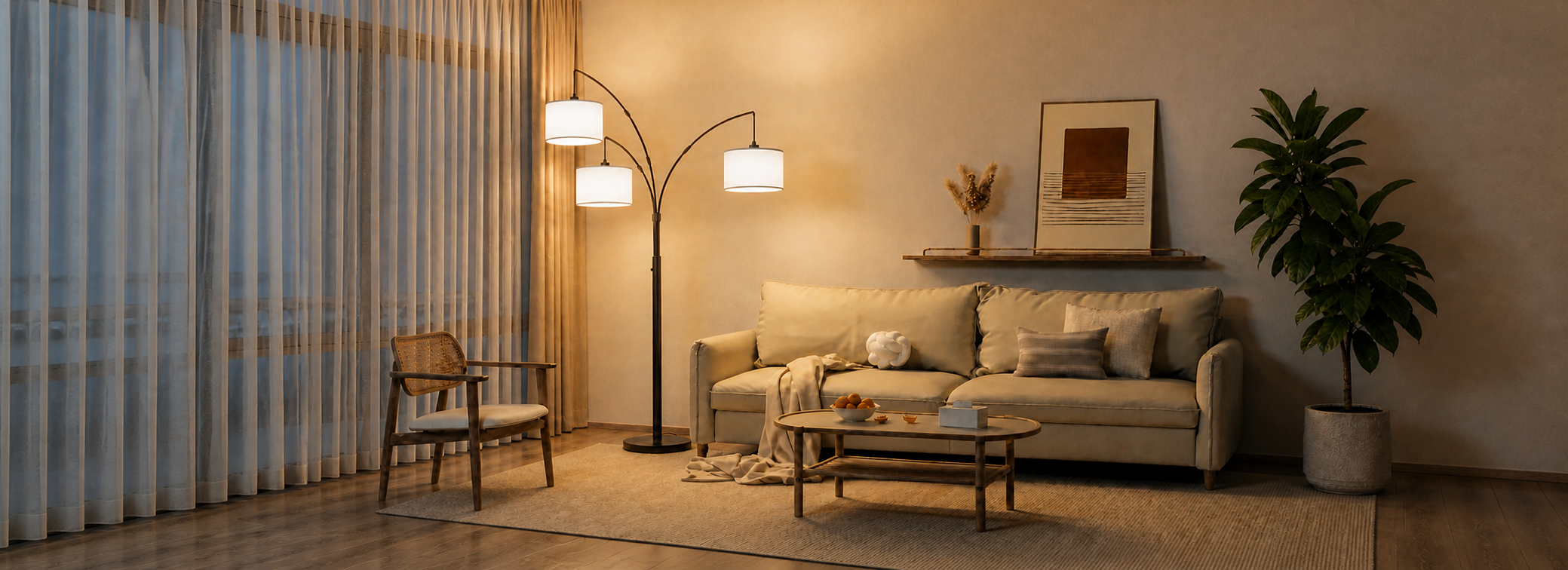 Three-arm floor lamp illuminating a warm living room