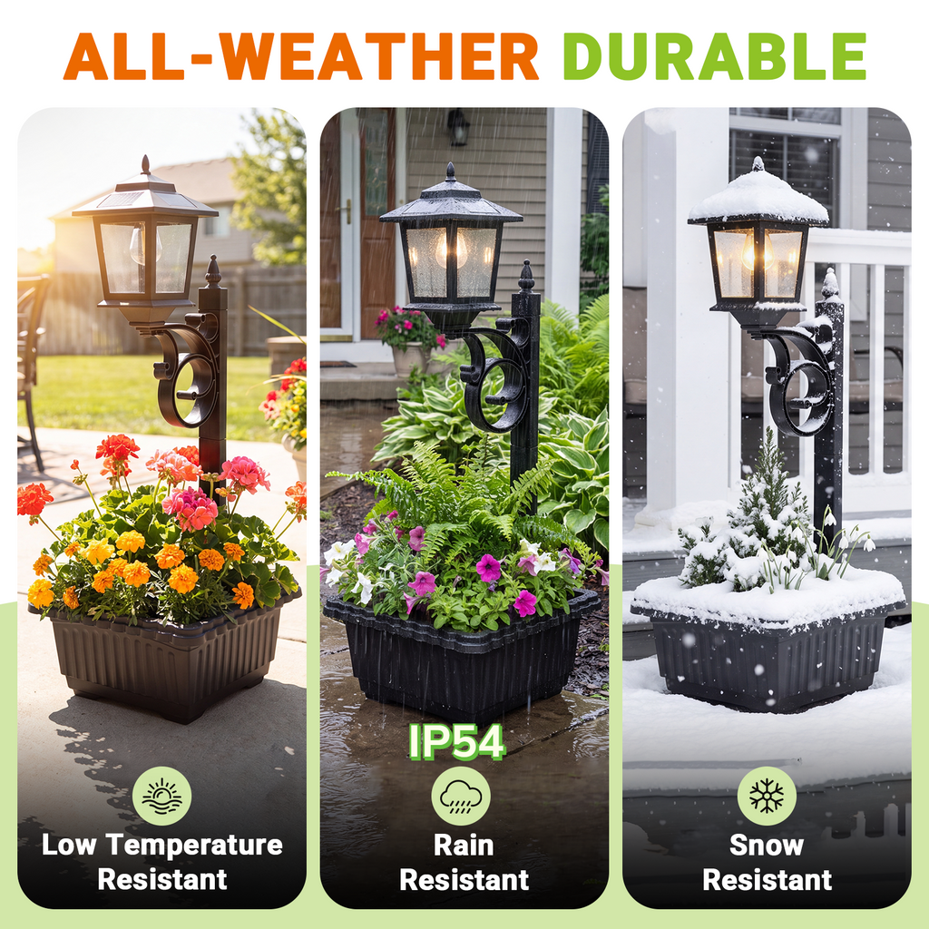 HOODINK 2 Pack Solar Lamp Post Light with Planter, 2 in 1 Outdoor Flower Pots, 3000K Solar Lamps Outdoor IP54 Waterproof, Wall Mount or Freestanding for Garden, Patio, Yard, Front Porch(Flowers not Included)
